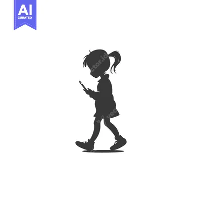 Aset desain premium: Silhouette of a Girl Walking and Using a Smartphone
