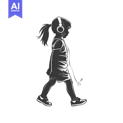 Popular premium asset: Silhouette of a girl walking while listening to music with headphones