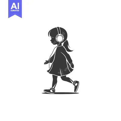 Aset desain premium: Silhouette of a girl walking while wearing headphones