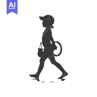 Aset desain premium: Silhouette of a Girl Walking with a Bucket and a Ring