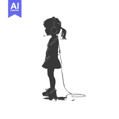 Aset desain premium: Silhouette of a Girl Wearing Headphones with a Long Cord