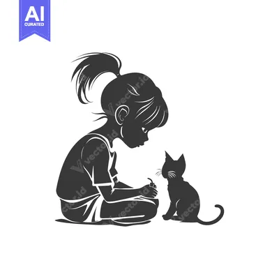 Aset desain premium: Silhouette of a girl with her cat, both seated, facing each other.