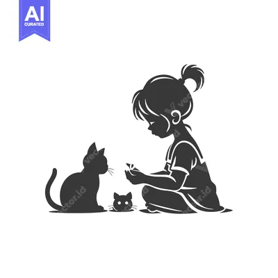 Aset premium populer: Silhouette of a girl with two cats, one sitting and one looking at her