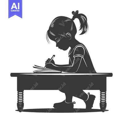 Aset desain premium: Silhouette of a Girl Writing at a Desk