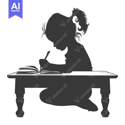 Silhouette of a Girl Writing at a Desk