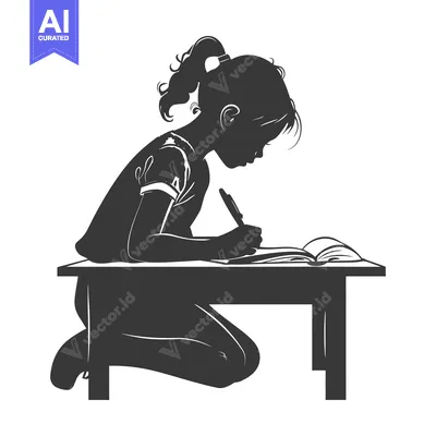 Aset desain premium: Silhouette of a girl writing at a desk