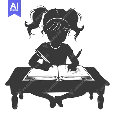 Aset premium populer: Silhouette of a Girl Writing in a Book at a Desk