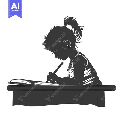 Aset desain premium: Silhouette of a girl writing in a book at a desk