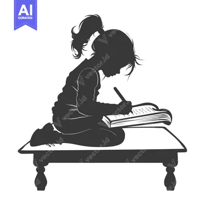 Premium design asset: Silhouette of a girl writing in a book while sitting on a table