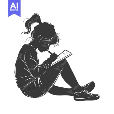 Aset desain premium: Silhouette of a Girl Writing in a Notebook