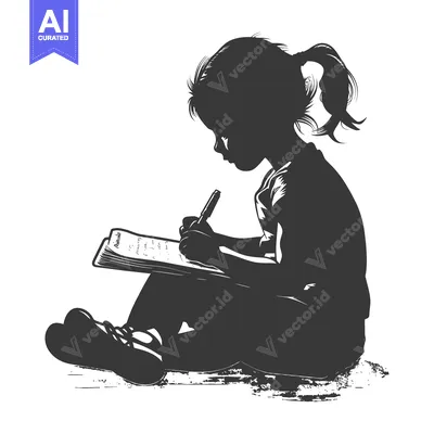 Aset desain premium: Silhouette of a Girl Writing in a Notebook