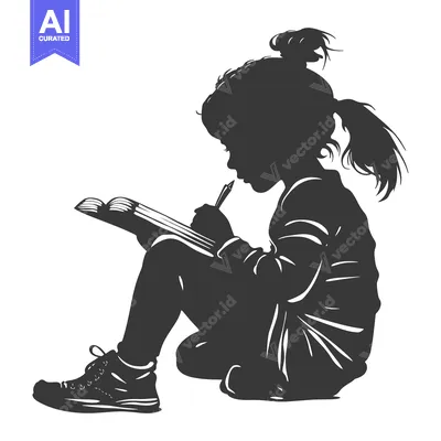 Aset desain premium: Silhouette of a Girl Writing in a Notebook