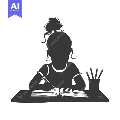 Silhouette of a girl writing in a notebook at a desk
