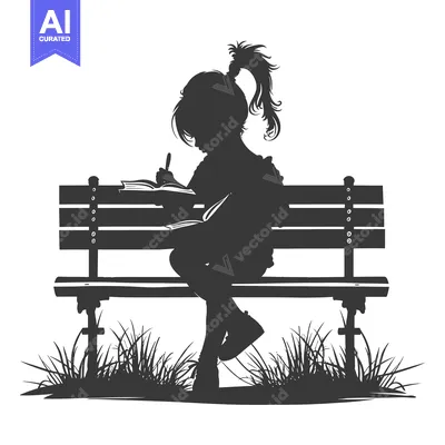 Aset desain premium: Silhouette of a Girl Writing in a Notebook on a Bench