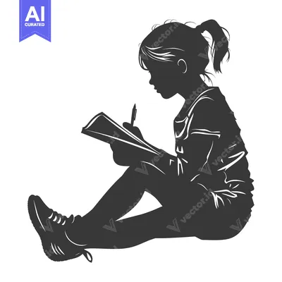Premium design asset: Silhouette of a girl writing in a notebook while sitting