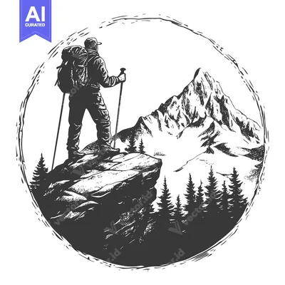 Aset desain premium: Silhouette of a hiker standing on a cliff overlooking a mountain range
