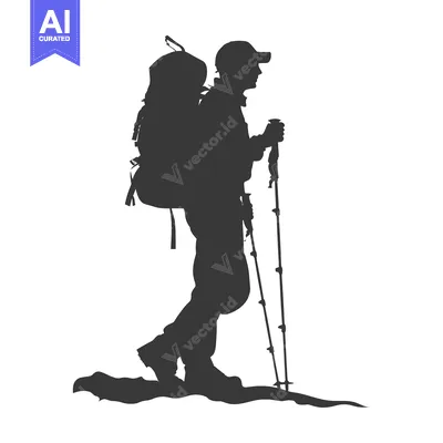 Silhouette of a Hiker with a Backpack and Trekking Poles