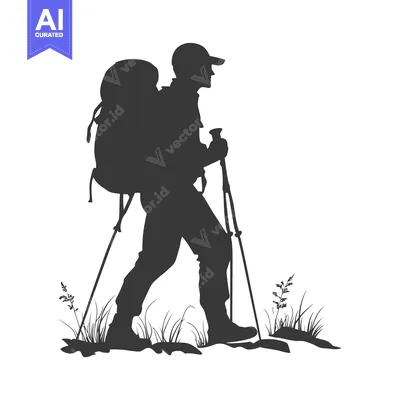 Aset desain premium: Silhouette of a hiker with a backpack and trekking poles walking in th