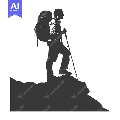 Silhouette of a hiker with a backpack standing on a mountaintop