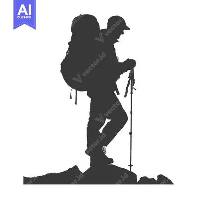 Premium design asset: Silhouette of a Hiker with Backpack and Trekking Pole on a Mountaintop