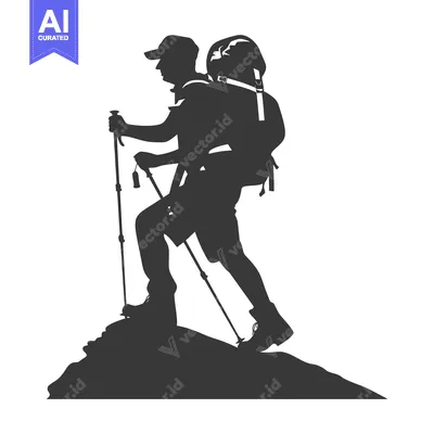 Aset desain premium: Silhouette of a hiker with backpack and trekking poles on a mountain p
