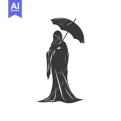 Aset desain premium: Silhouette of a hooded figure holding an umbrella