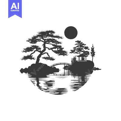 Silhouette of a Japanese Garden with Trees, a Bridge, a Pagoda, and a