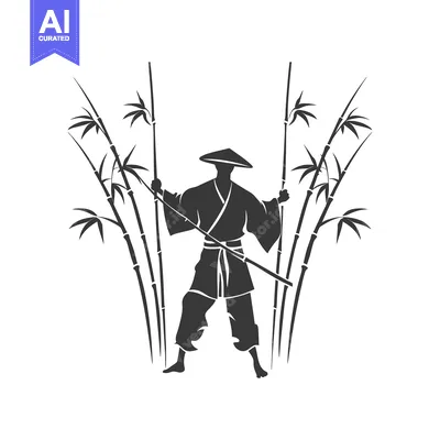Aset desain premium: Silhouette of a Japanese Man in a Conical Hat Holding a Staff Surround