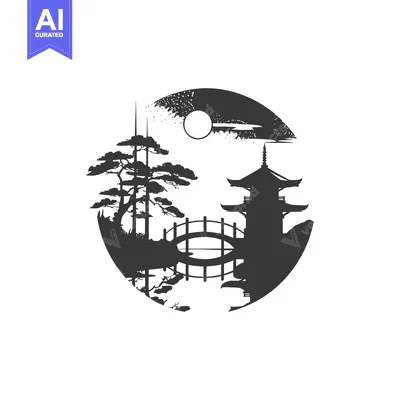 Aset desain premium: Silhouette of a Japanese Temple with Bridge and Trees in a Circular Fr
