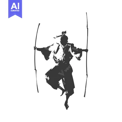Aset desain premium: Silhouette of a Japanese Warrior Holding Two Sticks