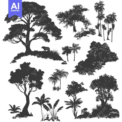 Premium design asset: Silhouette of a Jungle Landscape with Various Trees and a Bear