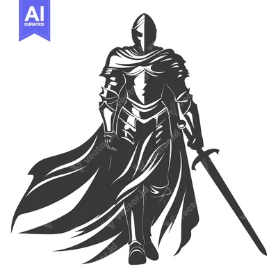 Premium design asset: Silhouette of a knight with a sword and a flowing cloak