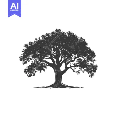 Aset premium populer: Silhouette of a large, leafy tree with a thick trunk and branches