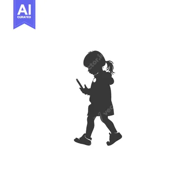 Silhouette of a Little Girl Walking and Using a Smartphone