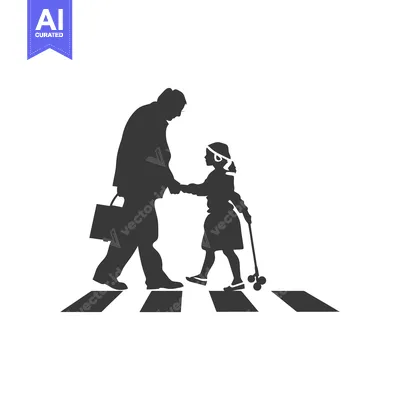 Silhouette of a Man and a Child Crossing a Crosswalk