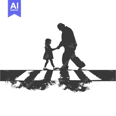 Silhouette of a man and a girl walking across a crosswalk