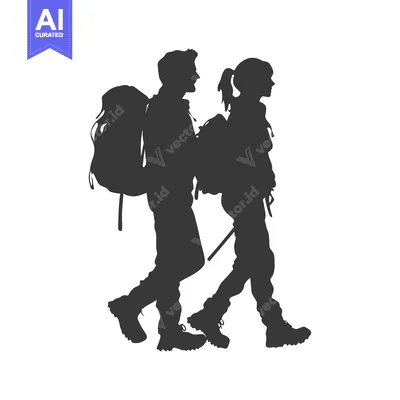 Silhouette of a Man and Woman Hiking with Backpacks