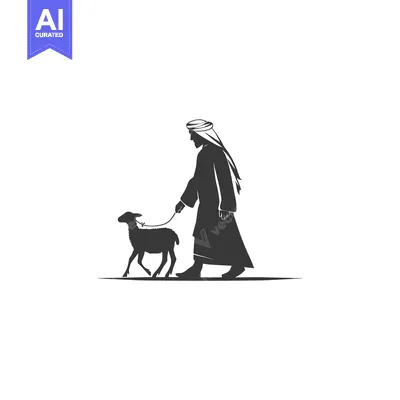 Premium design asset: Silhouette of a man in traditional clothing leading a lamb