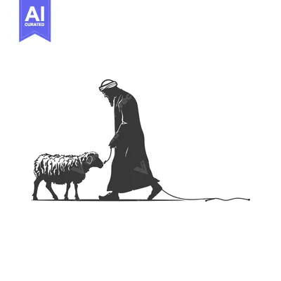 Silhouette of a Man in Traditional Clothing Leading a Sheep