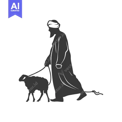 Aset desain premium: Silhouette of a man in traditional clothing leading a sheep