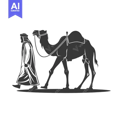 Aset desain premium: Silhouette of a Man in Traditional Clothing Walking with a Camel