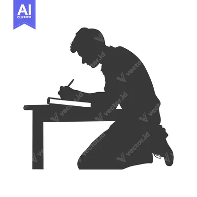 Premium design asset: Silhouette of a man kneeling at a table and writing