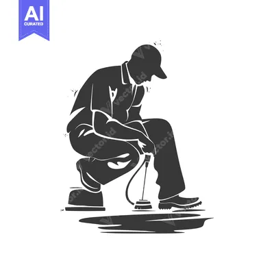 Silhouette of a man kneeling with a cleaning brush