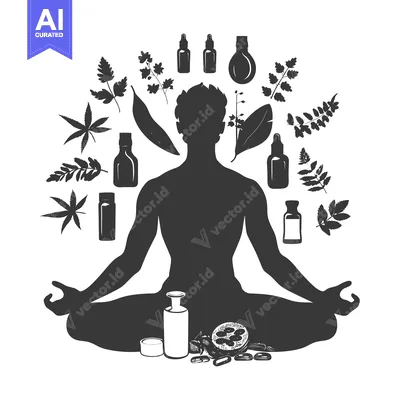 Aset desain premium: Silhouette of a man meditating with herbal products around him