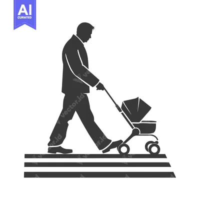 Popular premium asset: Silhouette of a man pushing a baby stroller across a crosswalk