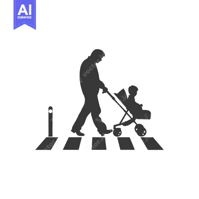 Aset premium populer: Silhouette of a Man Pushing a Baby Stroller Across a Crosswalk