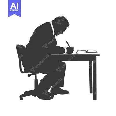 Aset premium populer: Silhouette of a man seated at a desk writing in a book