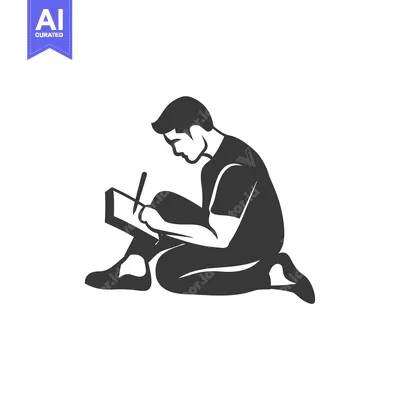 Aset desain premium: Silhouette of a Man Sitting and Drawing on a Paper