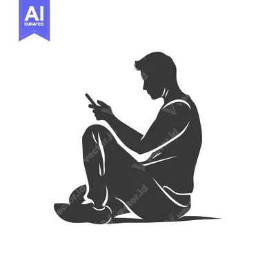 Aset desain premium: Silhouette of a Man Sitting and Using a Smartphone