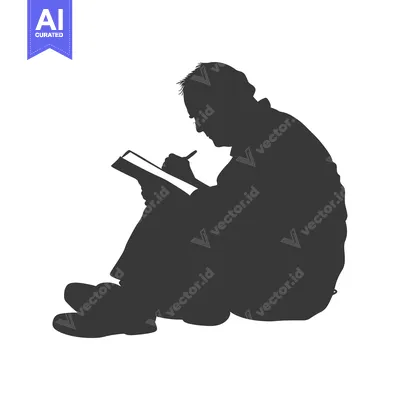 Silhouette of a man sitting and writing in a notebook